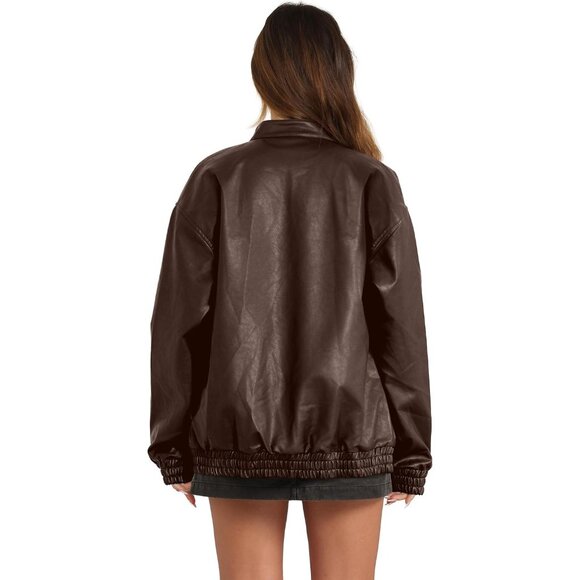 Women's Faux Leather Jacket Oversized B Black Bomber Coat Fall Winter Outfits - Picture 4 of 4